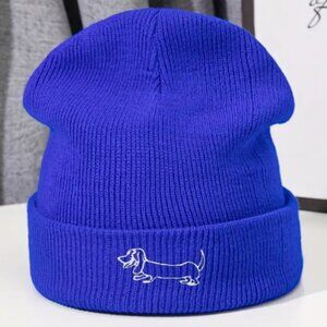 Dachshund Embroidered Knitted Beanie/Stocking Hat in Royal Blue